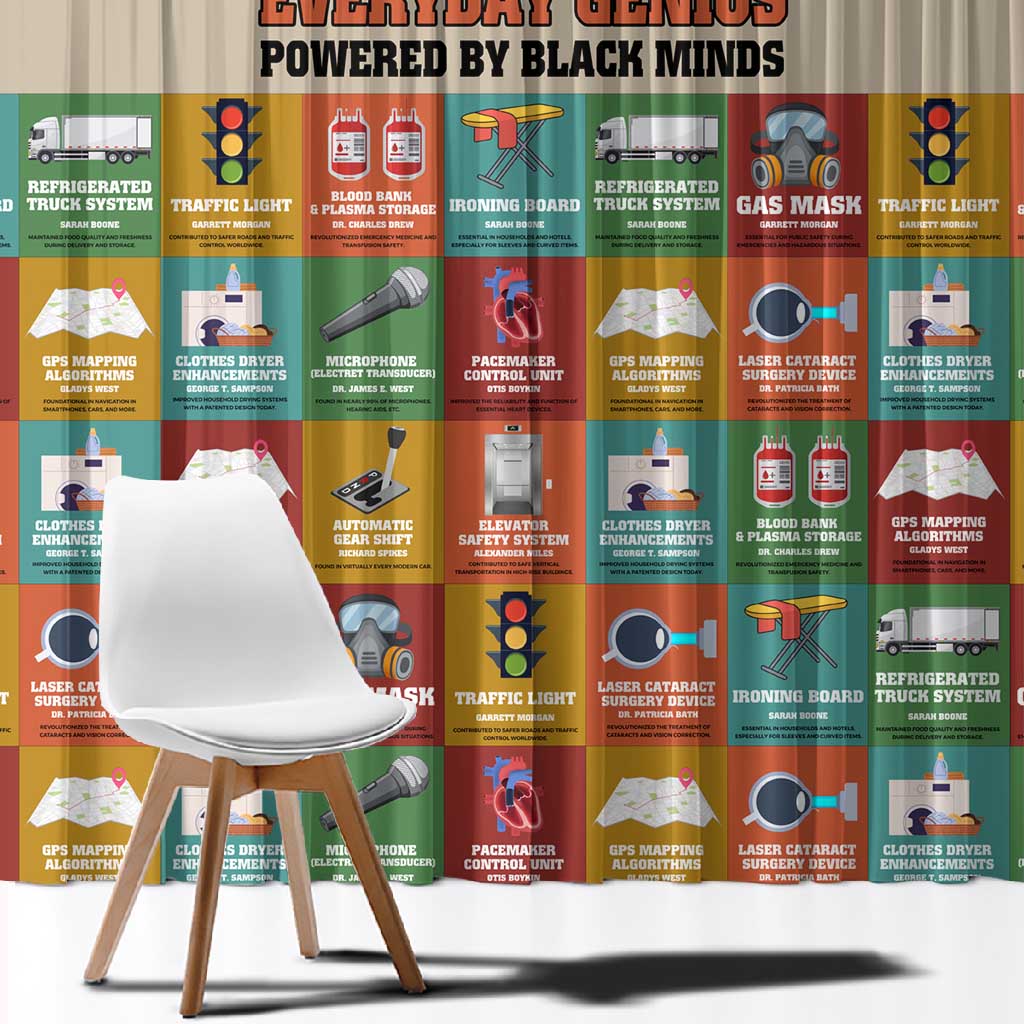 Everyday Genius Powered by Black Minds Window Curtain with Colorful Invention Icons Pattern - Wonder Print Shop
