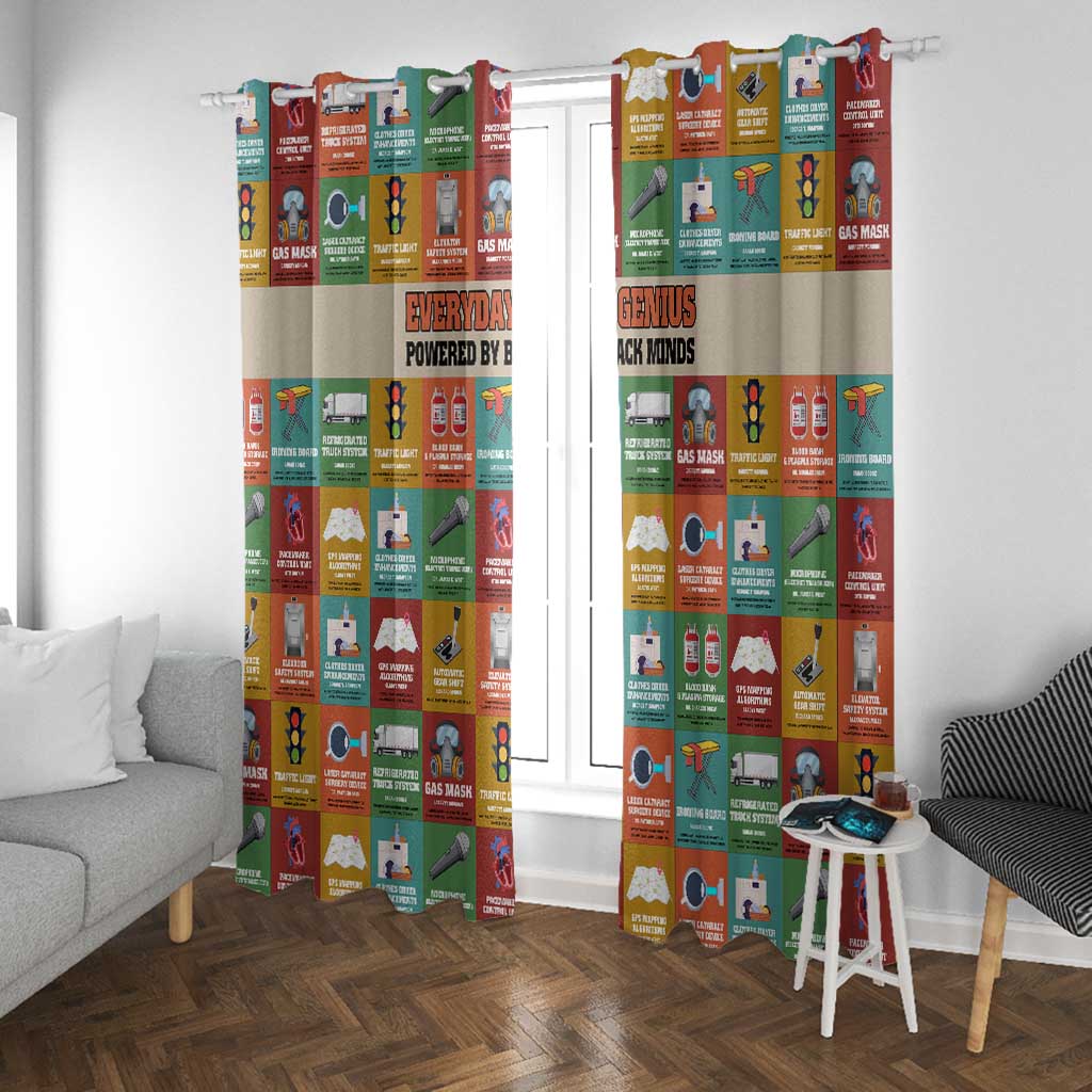 Everyday Genius Powered by Black Minds Window Curtain with Colorful Invention Icons Pattern - Wonder Print Shop