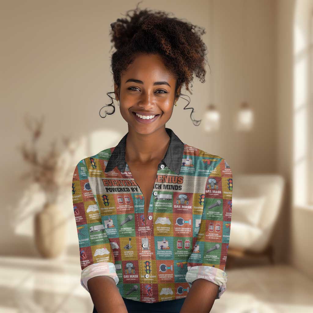 Everyday Genius Powered by Black Minds Women Casual Shirt with Colorful Invention Icons Pattern - Wonder Print Shop