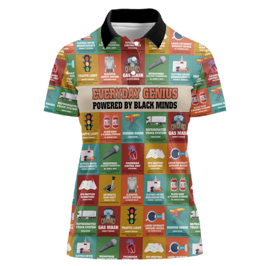 Everyday Genius Powered by Black Minds Women Polo Shirt with Colorful Invention Icons Pattern - Wonder Print Shop