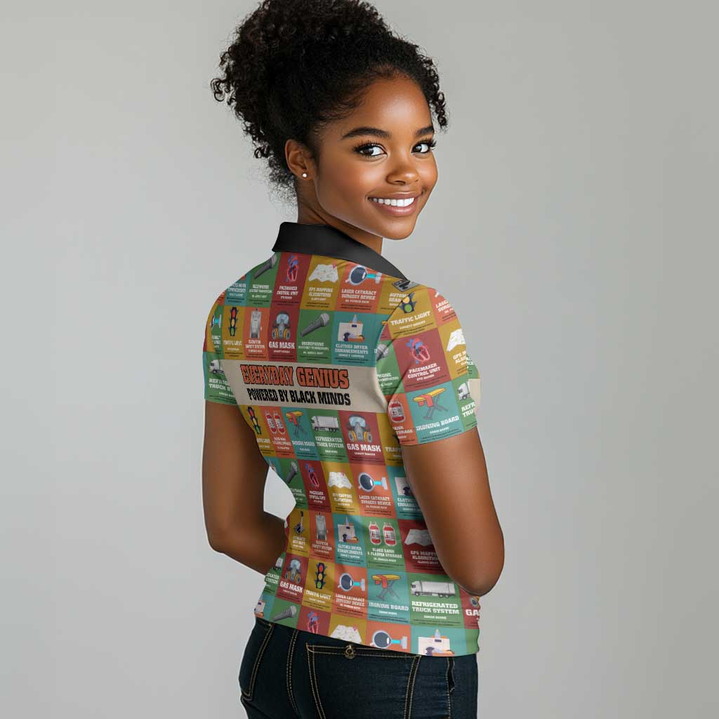 Everyday Genius Powered by Black Minds Women Polo Shirt with Colorful Invention Icons Pattern - Wonder Print Shop