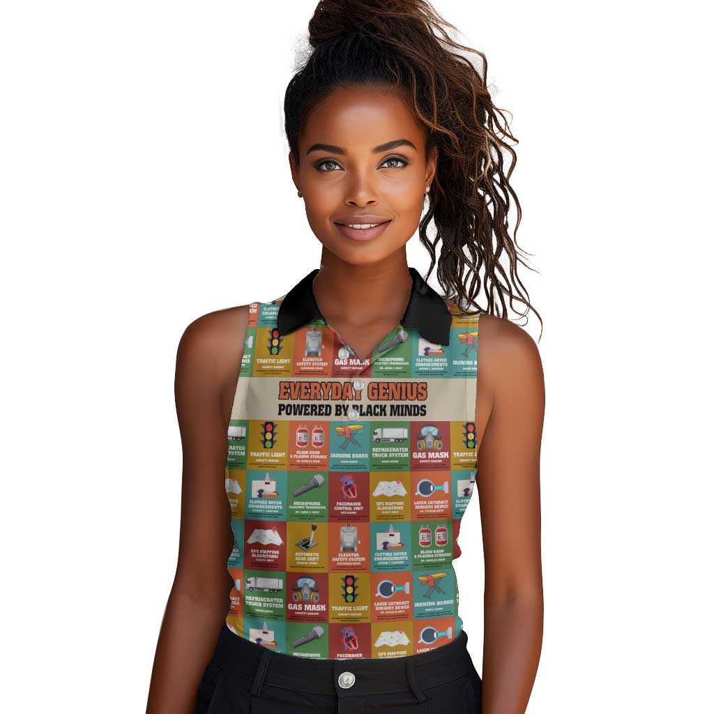Everyday Genius Powered by Black Minds Women Sleeveless Polo Shirt with Colorful Invention Icons Pattern - Wonder Print Shop