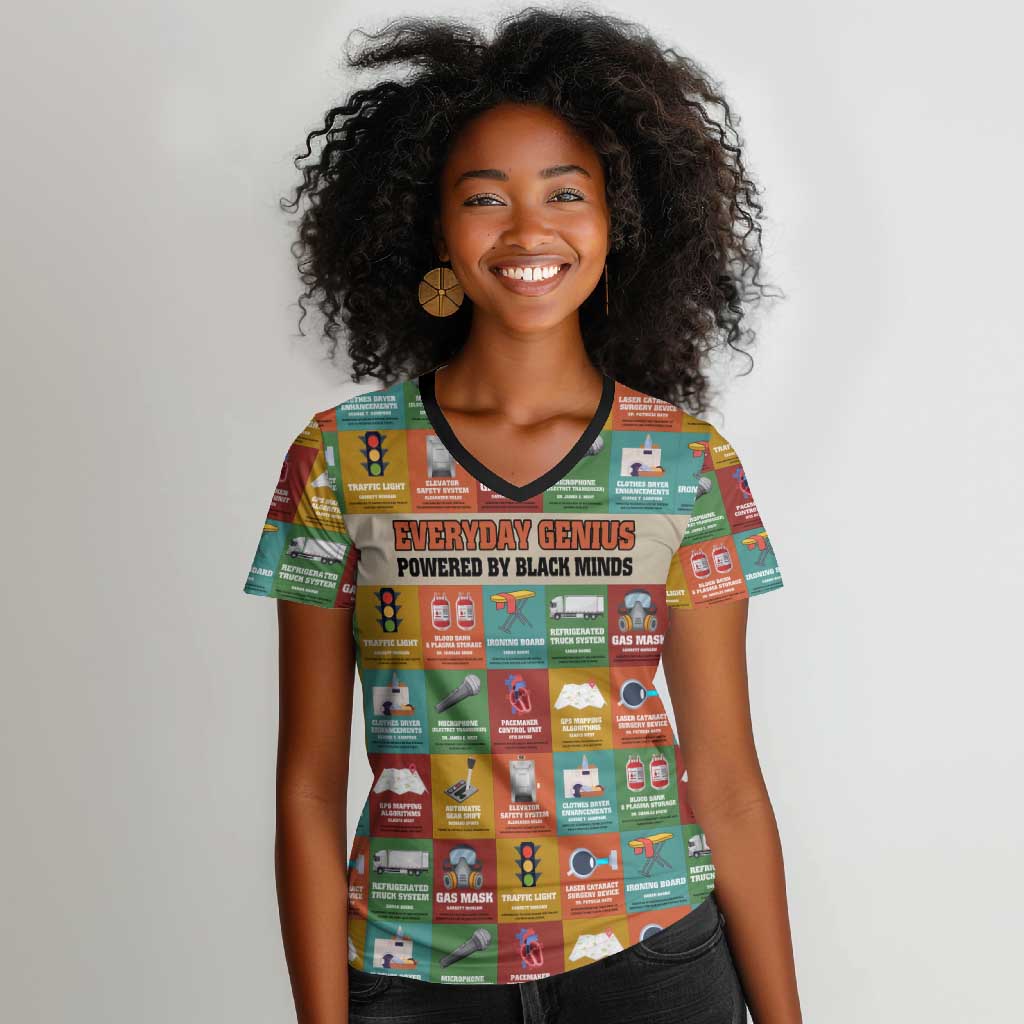 Everyday Genius Powered by Black Minds Women V-Neck T-Shirt with Colorful Invention Icons Pattern - Wonder Print Shop