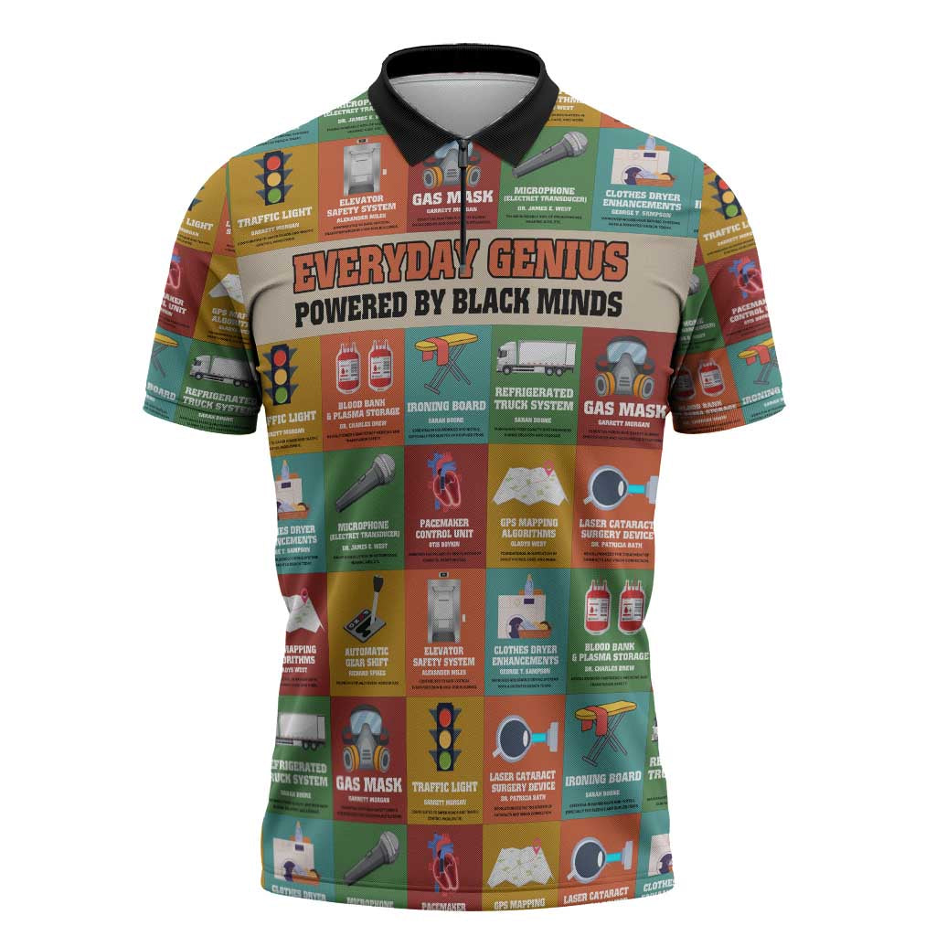 Everyday Genius Powered by Black Minds Zipper Polo Shirt with Colorful Invention Icons Pattern - Wonder Print Shop