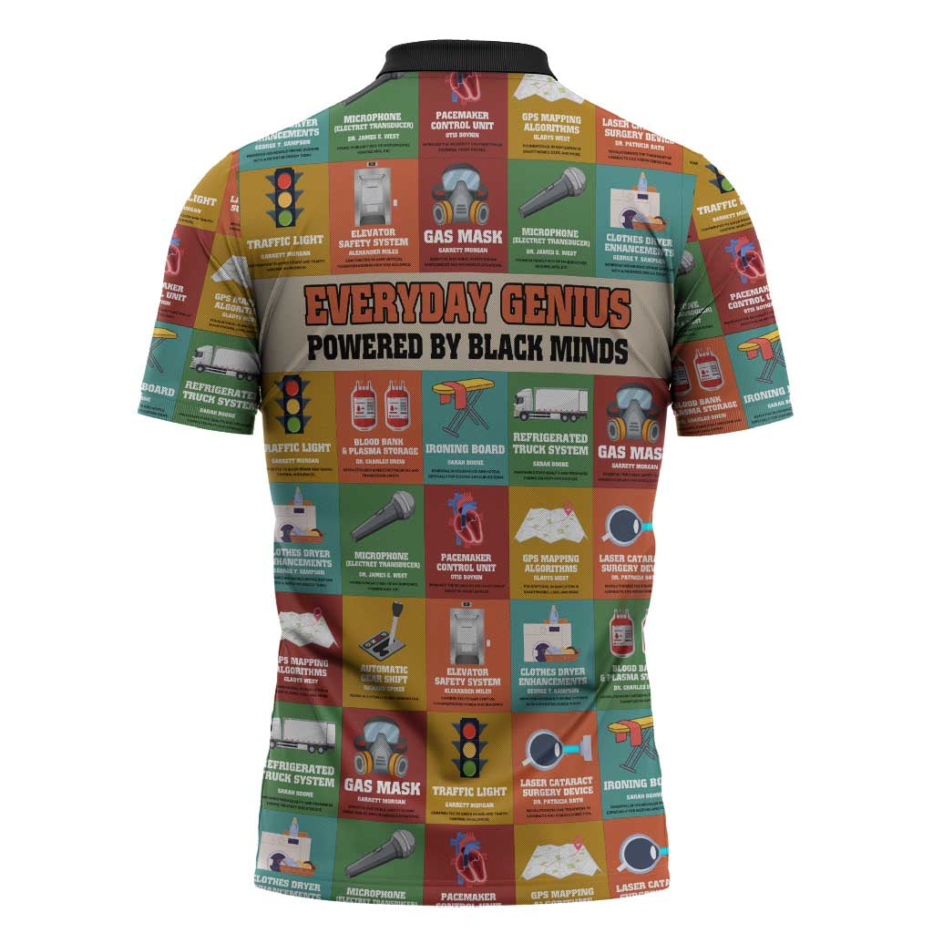 Everyday Genius Powered by Black Minds Zipper Polo Shirt with Colorful Invention Icons Pattern - Wonder Print Shop