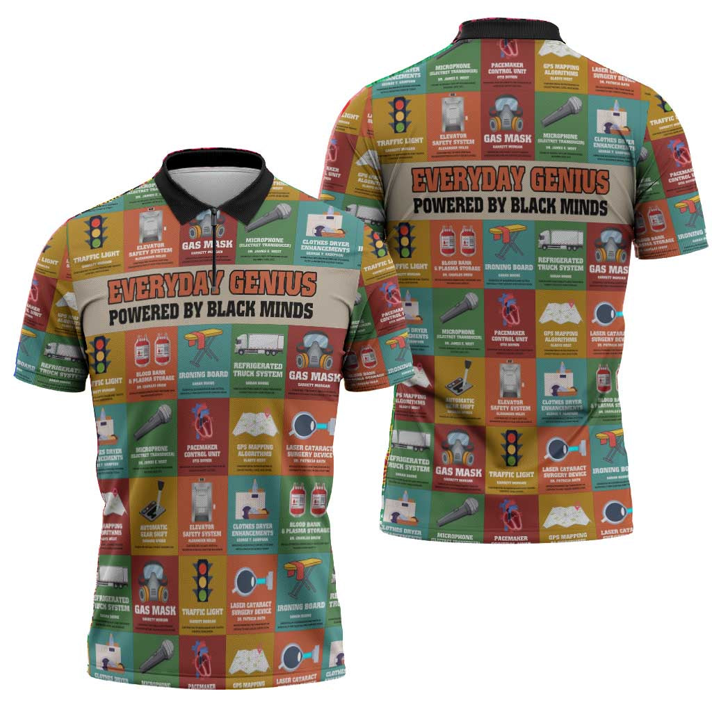 Everyday Genius Powered by Black Minds Zipper Polo Shirt with Colorful Invention Icons Pattern - Wonder Print Shop