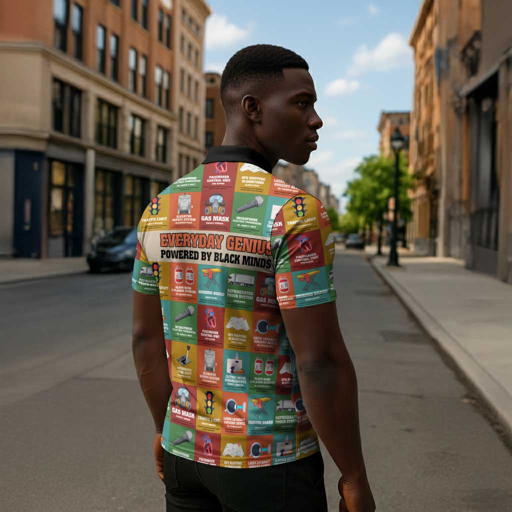 Everyday Genius Powered by Black Minds Zipper Polo Shirt with Colorful Invention Icons Pattern - Wonder Print Shop