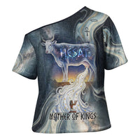 Hesat Celestial Cow Egyptian Cross Shoulder Shirt with Mythic Sky Motif in Cosmic Theme
