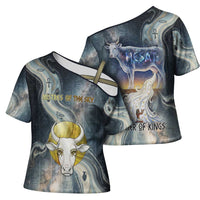 Hesat Celestial Cow Egyptian Cross Shoulder Shirt with Mythic Sky Motif in Cosmic Theme
