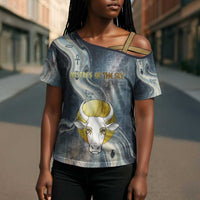 Hesat Celestial Cow Egyptian Cross Shoulder Shirt with Mythic Sky Motif in Cosmic Theme