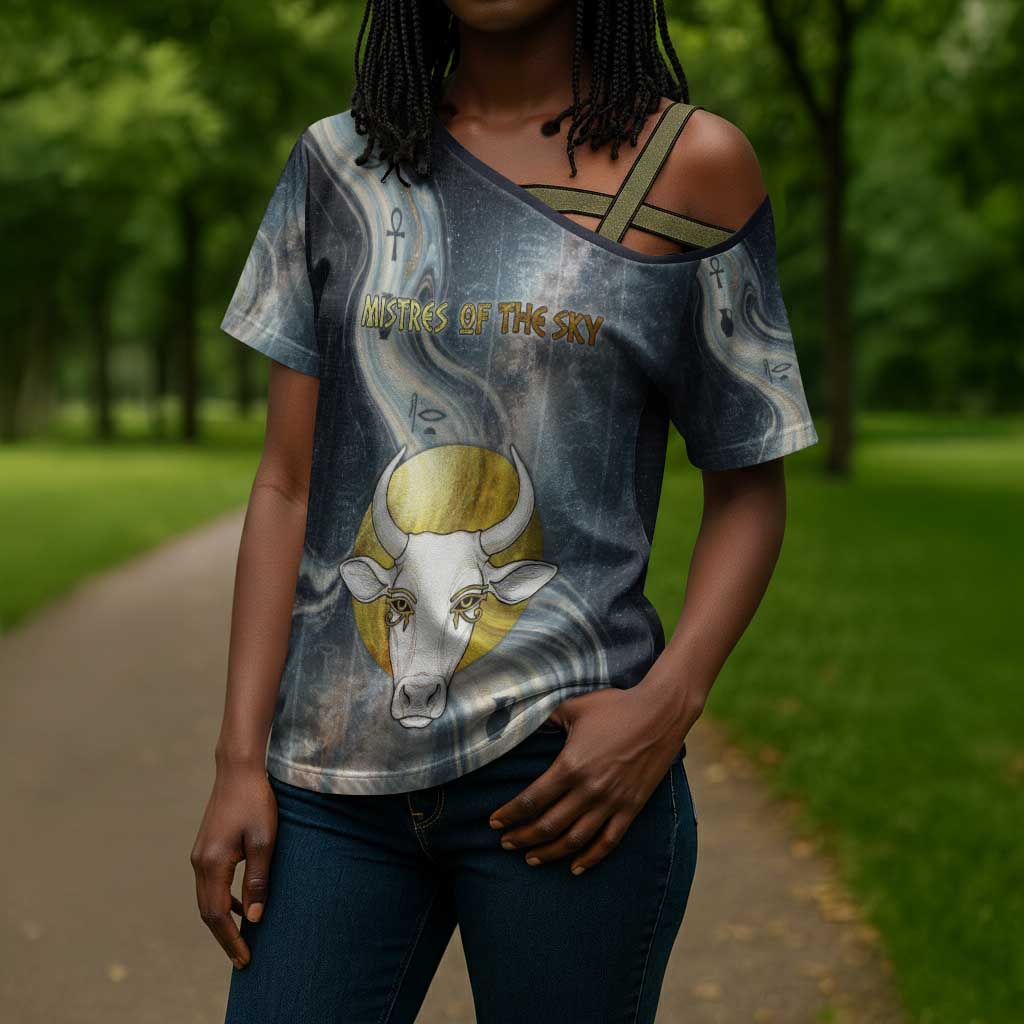Hesat Celestial Cow Egyptian Cross Shoulder Shirt with Mythic Sky Motif in Cosmic Theme