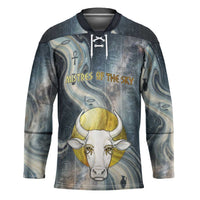Hesat Celestial Cow Egyptian Hockey Jersey with Mythic Sky Motif in Cosmic Theme