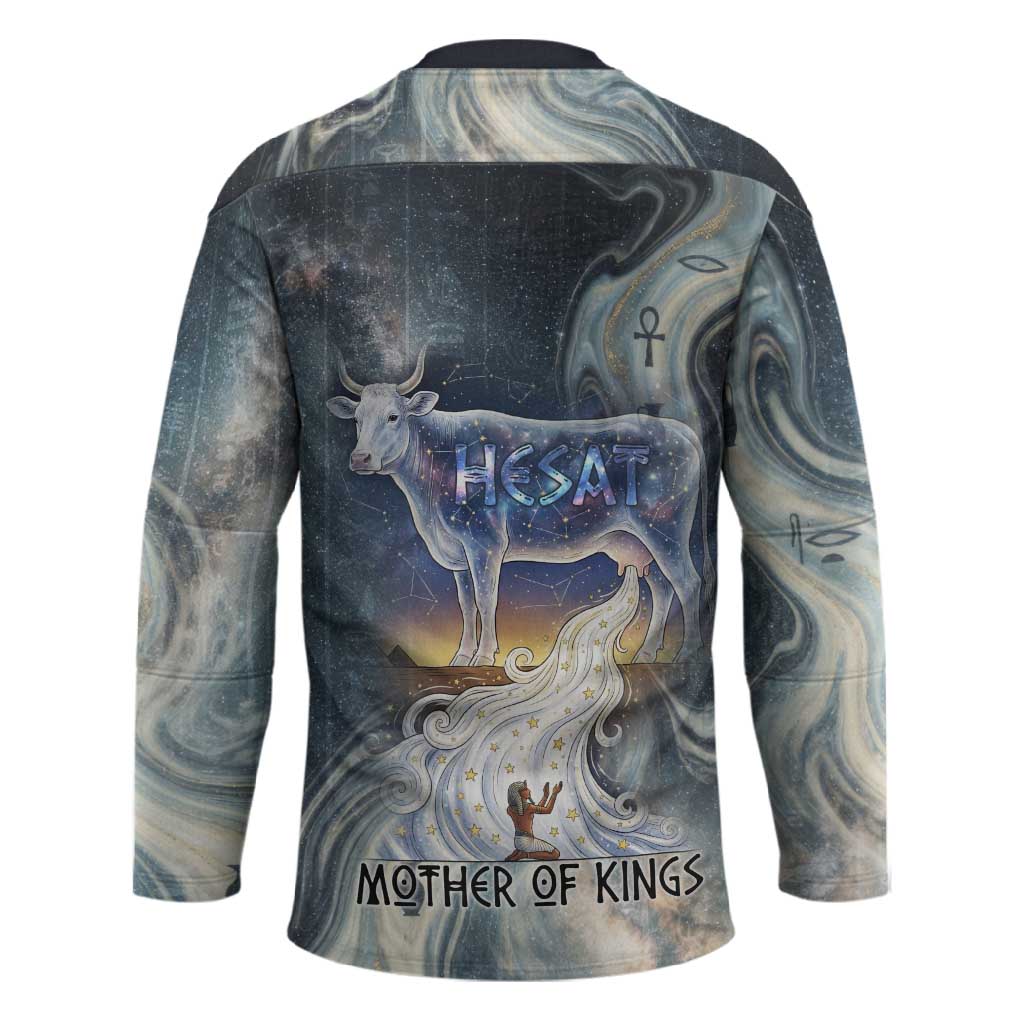 Hesat Celestial Cow Egyptian Hockey Jersey with Mythic Sky Motif in Cosmic Theme