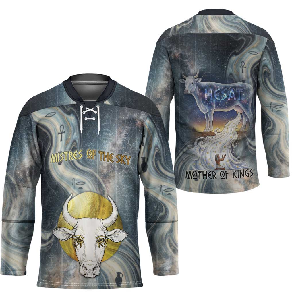 Hesat Celestial Cow Egyptian Hockey Jersey with Mythic Sky Motif in Cosmic Theme