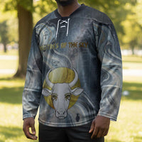 Hesat Celestial Cow Egyptian Hockey Jersey with Mythic Sky Motif in Cosmic Theme