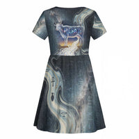 Hesat Celestial Cow Egyptian Kid Short Sleeve Dress with Mythic Sky Motif in Cosmic Theme