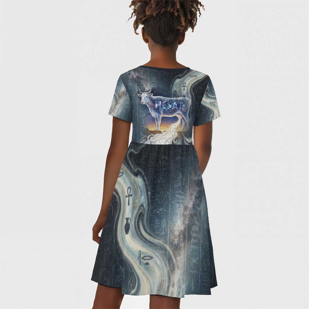 Hesat Celestial Cow Egyptian Kid Short Sleeve Dress with Mythic Sky Motif in Cosmic Theme