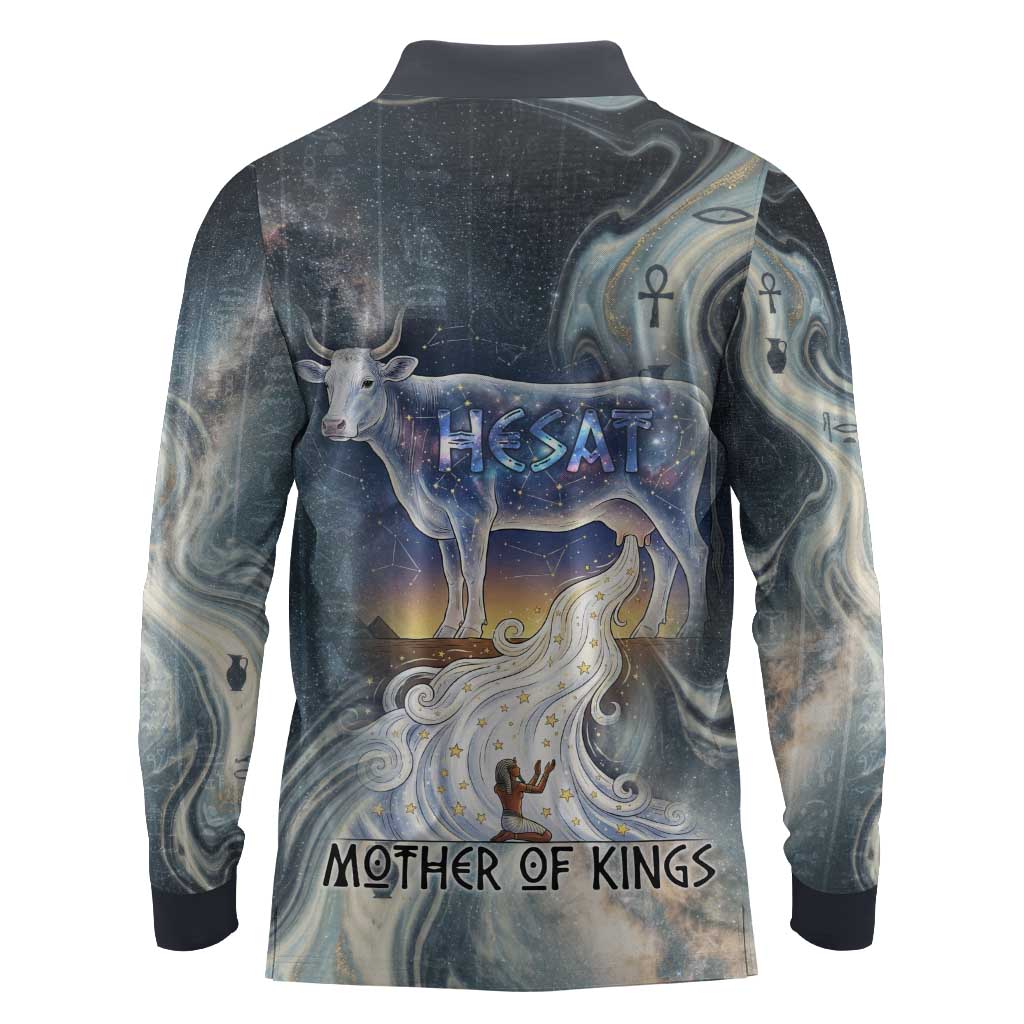 Hesat Celestial Cow Egyptian Long Sleeve Polo Shirt with Mythic Sky Motif in Cosmic Theme