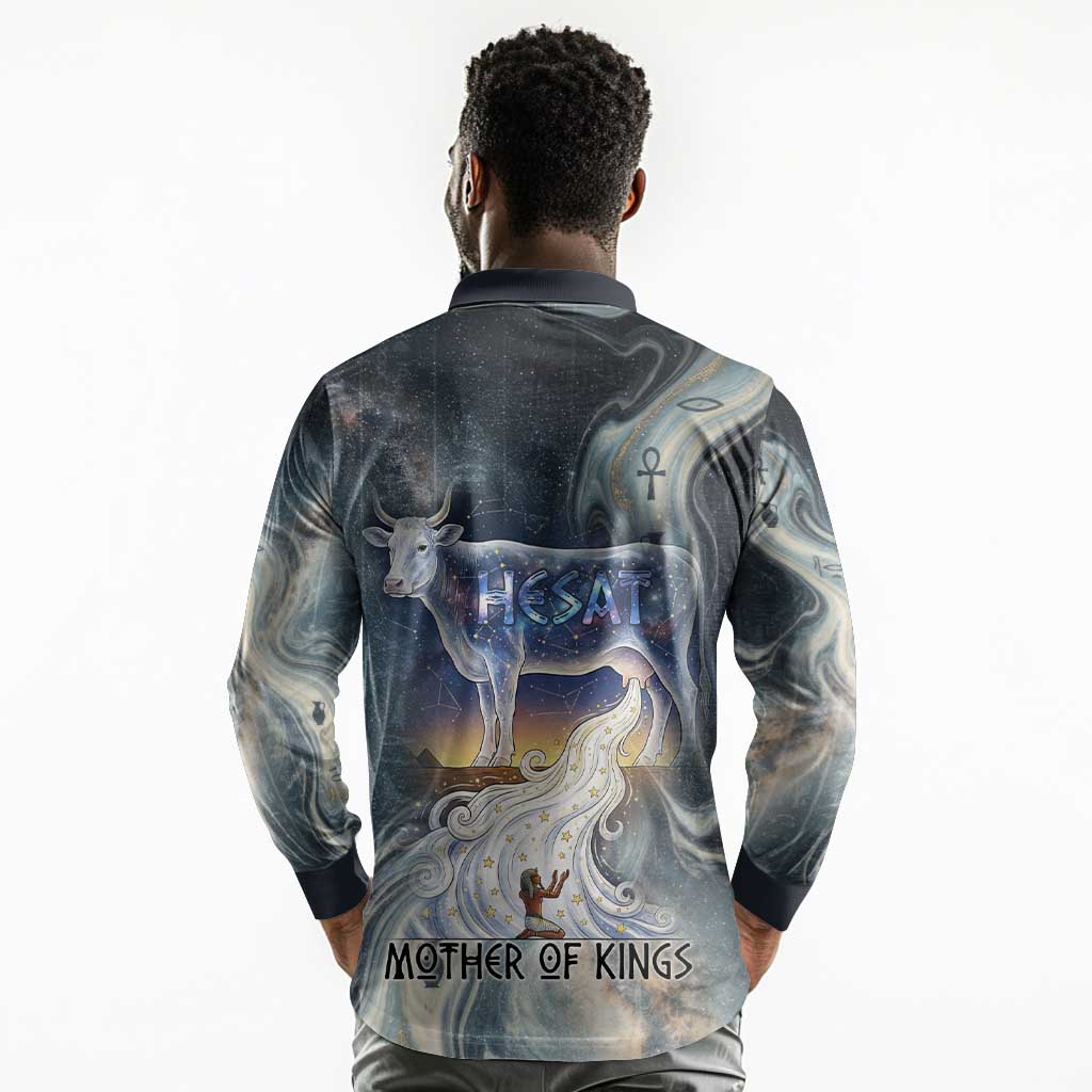 Hesat Celestial Cow Egyptian Long Sleeve Polo Shirt with Mythic Sky Motif in Cosmic Theme
