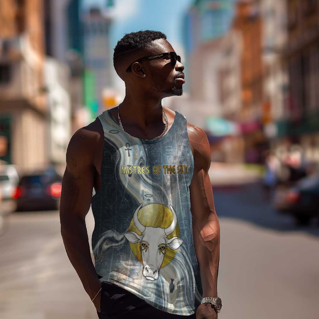 Hesat Celestial Cow Egyptian Men Tank Top with Mythic Sky Motif in Cosmic Theme