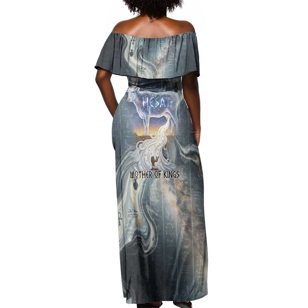 Hesat Celestial Cow Egyptian Off Shoulder Maxi Dress with Mythic Sky Motif in Cosmic Theme