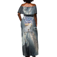 Hesat Celestial Cow Egyptian Off Shoulder Maxi Dress with Mythic Sky Motif in Cosmic Theme