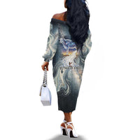 Hesat Celestial Cow Egyptian Off The Shoulder Long Sleeve Dress with Mythic Sky Motif in Cosmic Theme