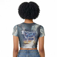 Hesat Celestial Cow Egyptian Raglan Cropped T shirt with Mythic Sky Motif in Cosmic Theme