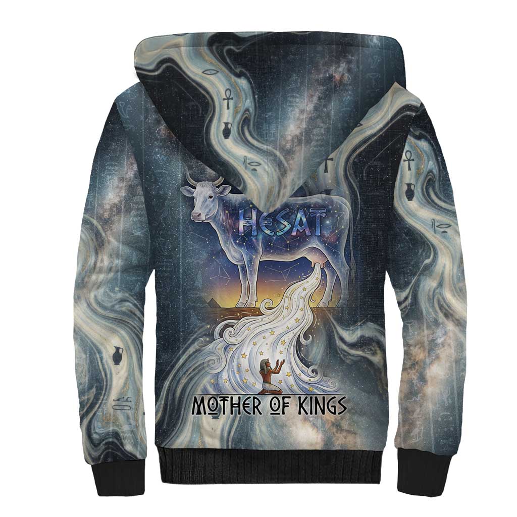 Hesat Celestial Cow Egyptian Sherpa Hoodie with Mythic Sky Motif in Cosmic Theme