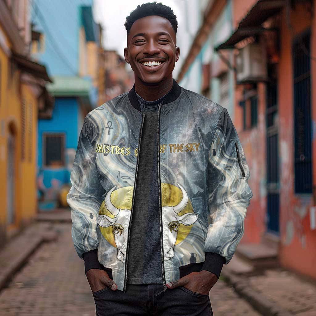 Hesat Celestial Cow Egyptian Sleeve Zip Bomber Jacket with Mythic Sky Motif in Cosmic Theme