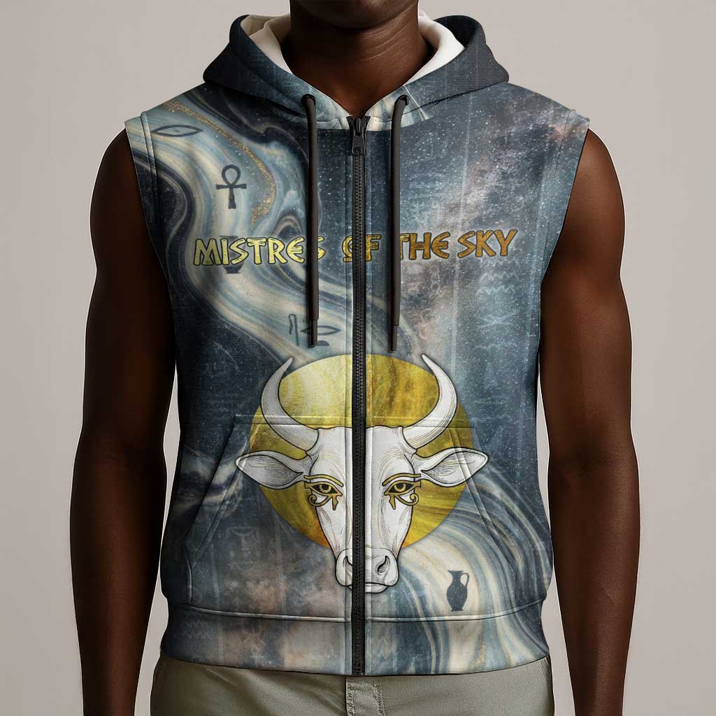 Hesat Celestial Cow Egyptian Sleeveless Zip Hoodie with Mythic Sky Motif in Cosmic Theme