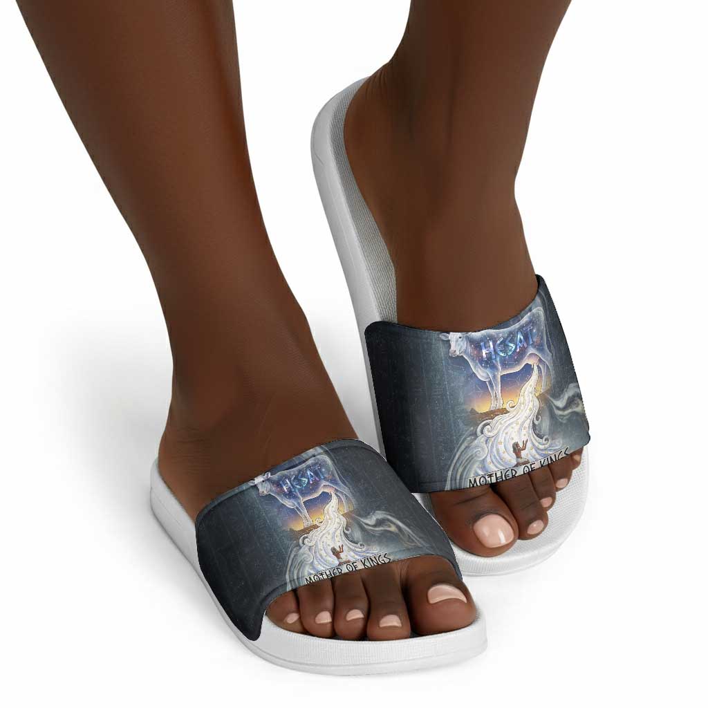 Hesat Celestial Cow Egyptian Slide Sandals with Mythic Sky Motif in Cosmic Theme