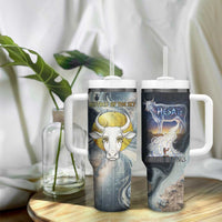 Hesat Celestial Cow Egyptian Tumbler With Handle with Mythic Sky Motif in Cosmic Theme