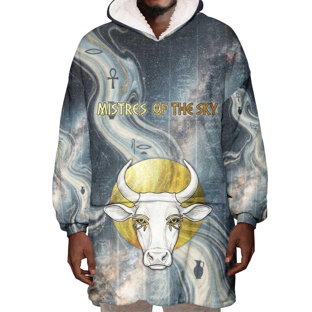 Hesat Celestial Cow Egyptian Wearable Blanket Hoodie with Mythic Sky Motif in Cosmic Theme