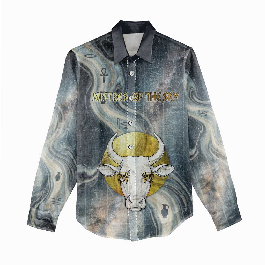 Hesat Celestial Cow Egyptian Women Casual Shirt with Mythic Sky Motif in Cosmic Theme