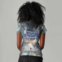 Hesat Celestial Cow Egyptian Women V-Neck T-Shirt with Mythic Sky Motif in Cosmic Theme