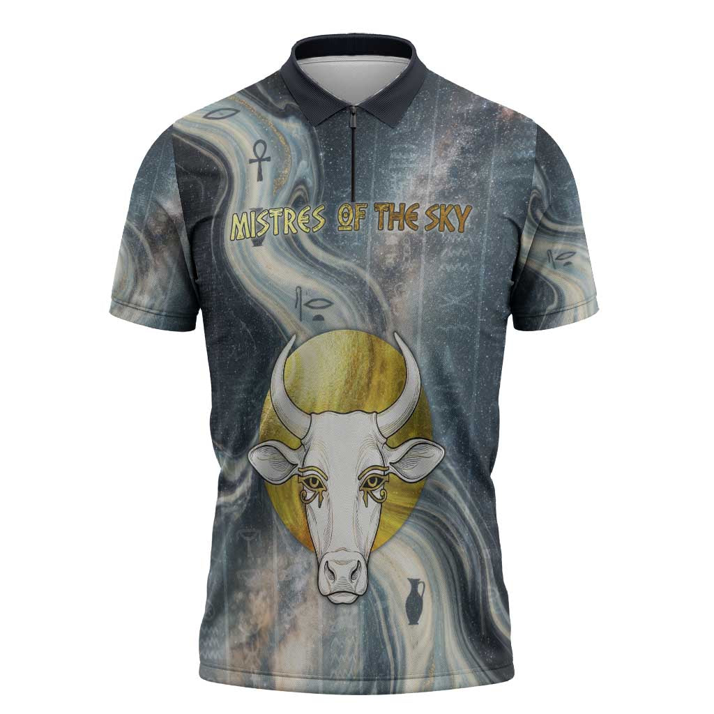 Hesat Celestial Cow Egyptian Zipper Polo Shirt with Mythic Sky Motif in Cosmic Theme