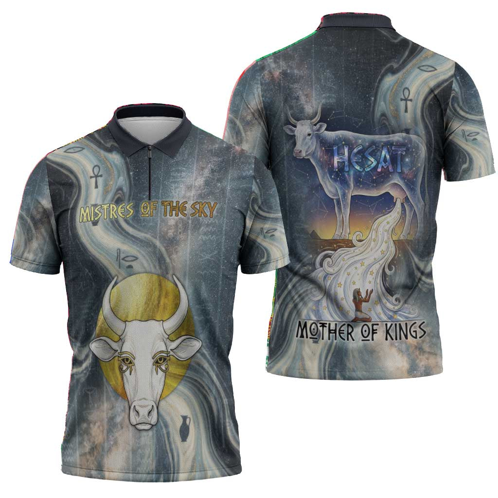 Hesat Celestial Cow Egyptian Zipper Polo Shirt with Mythic Sky Motif in Cosmic Theme