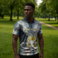Hesat Celestial Cow Egyptian Zipper Polo Shirt with Mythic Sky Motif in Cosmic Theme