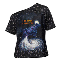 Hesat Solar Horn Symbol Cross Shoulder Shirt Egyptian Cosmic Cow in Starry Milky Way