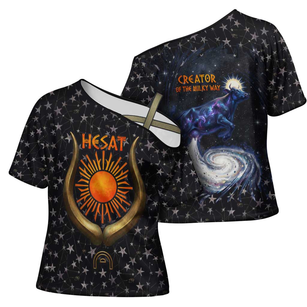 Hesat Solar Horn Symbol Cross Shoulder Shirt Egyptian Cosmic Cow in Starry Milky Way