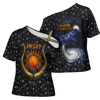 Hesat Solar Horn Symbol Cross Shoulder Shirt Egyptian Cosmic Cow in Starry Milky Way
