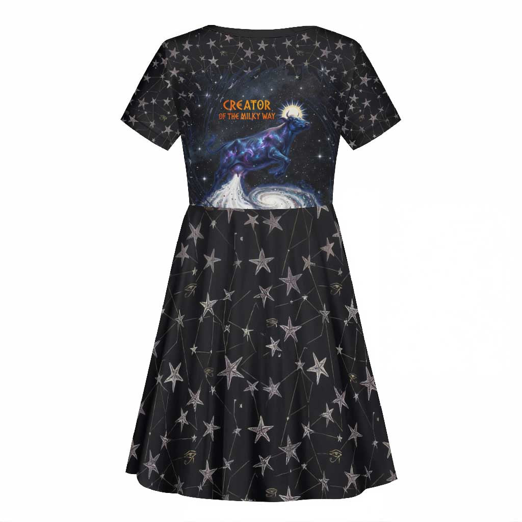 Hesat Solar Horn Symbol Kid Short Sleeve Dress Egyptian Cosmic Cow in Starry Milky Way