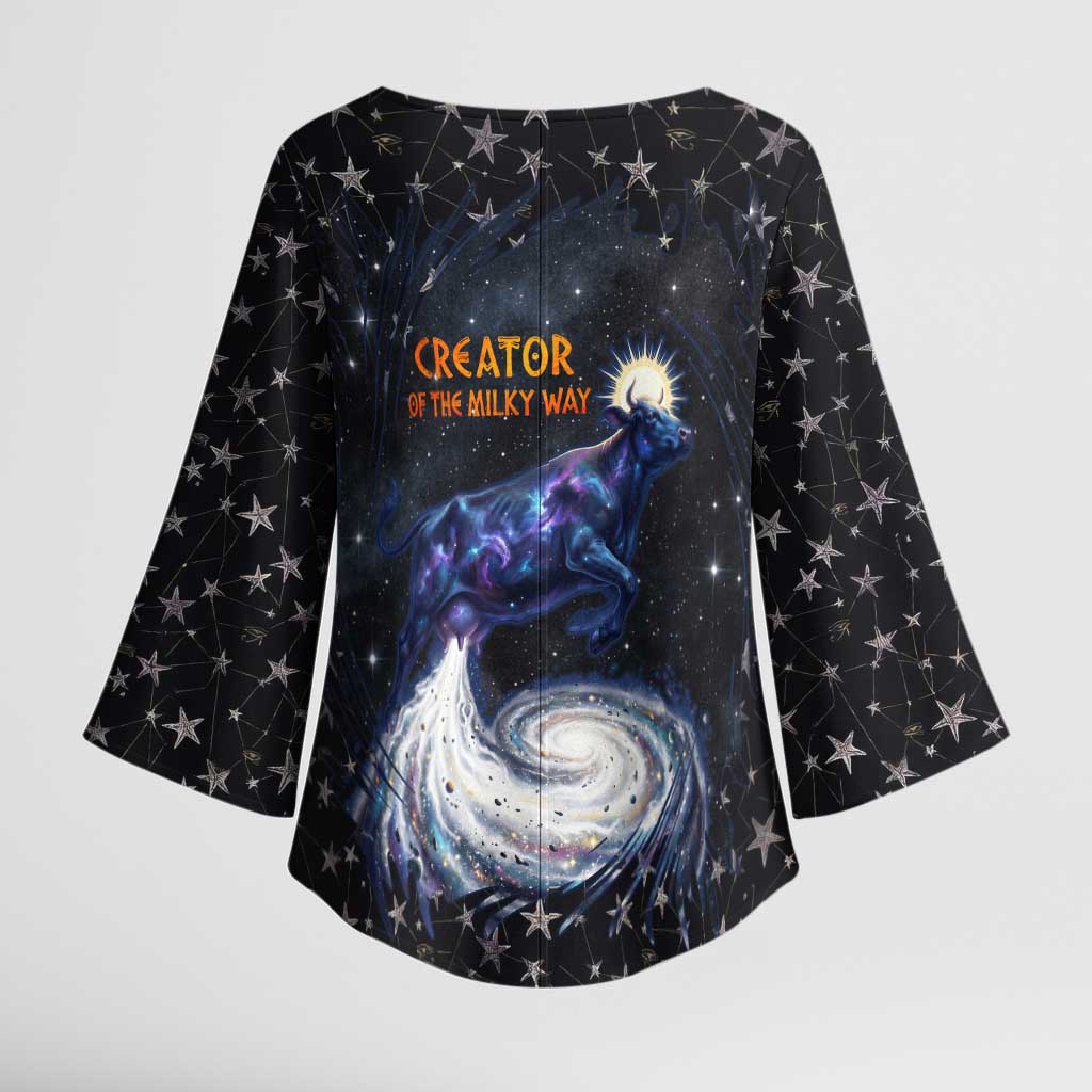 Hesat Solar Horn Symbol Kimono Sleeve Blouse Egyptian Cosmic Cow in Starry Milky Way
