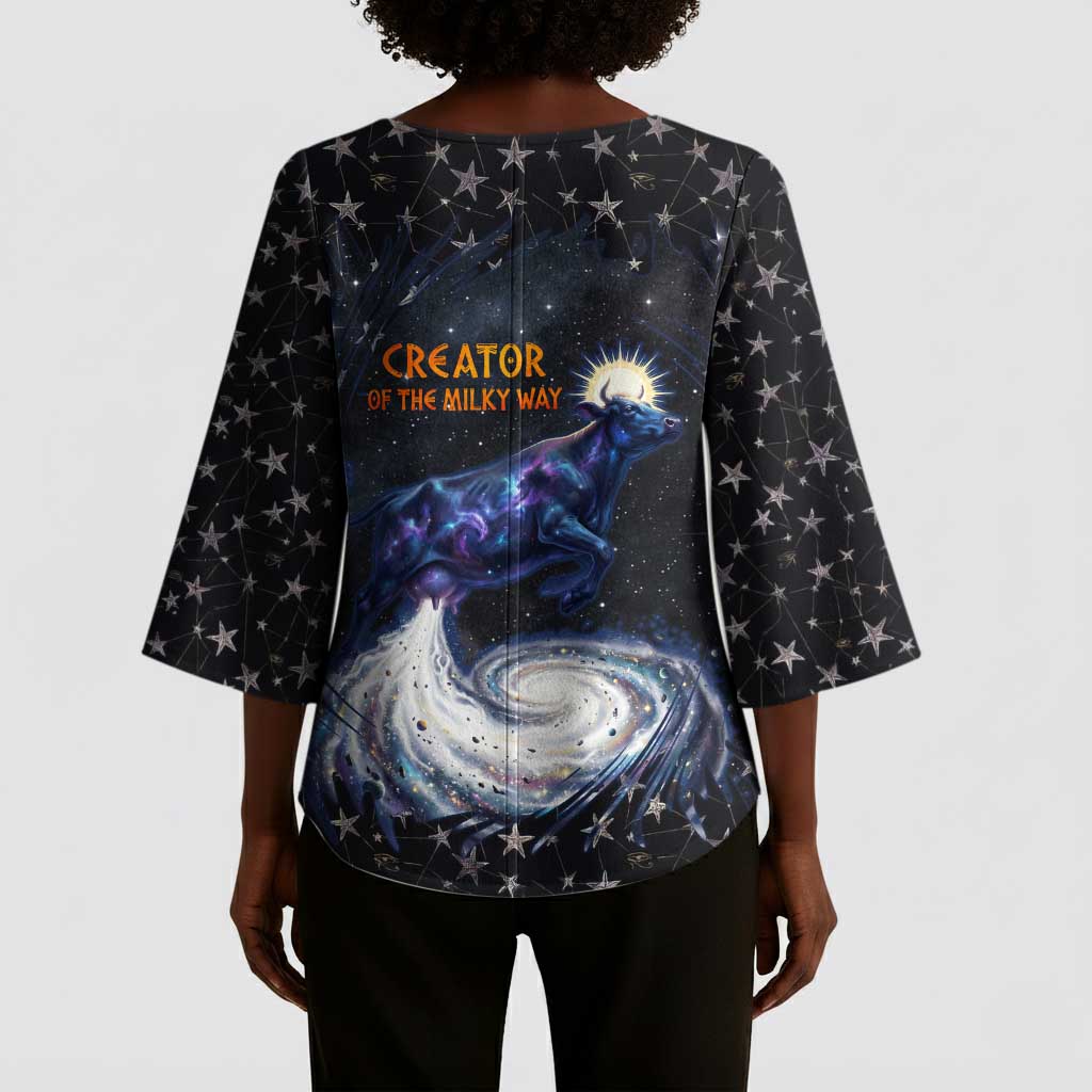 Hesat Solar Horn Symbol Kimono Sleeve Blouse Egyptian Cosmic Cow in Starry Milky Way