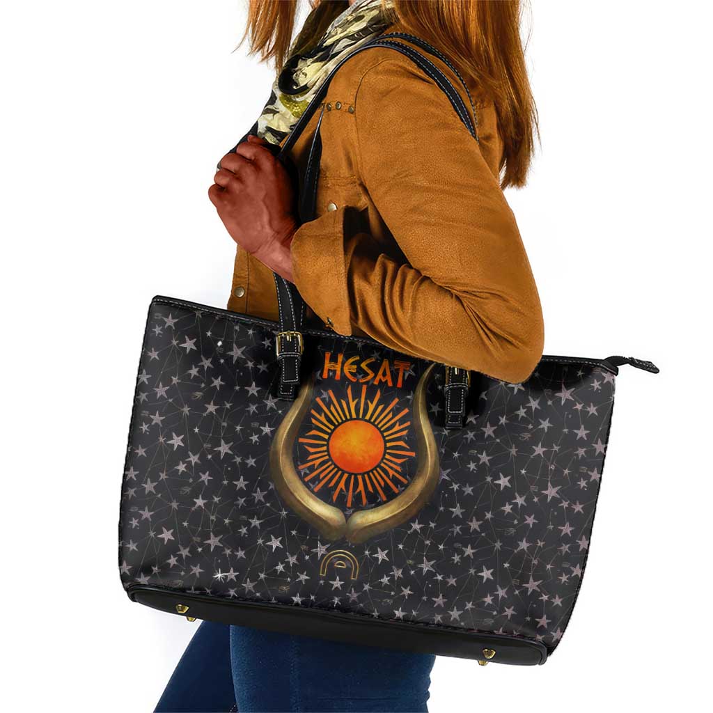 Hesat Solar Horn Symbol Leather Tote Bag Egyptian Cosmic Cow in Starry Milky Way