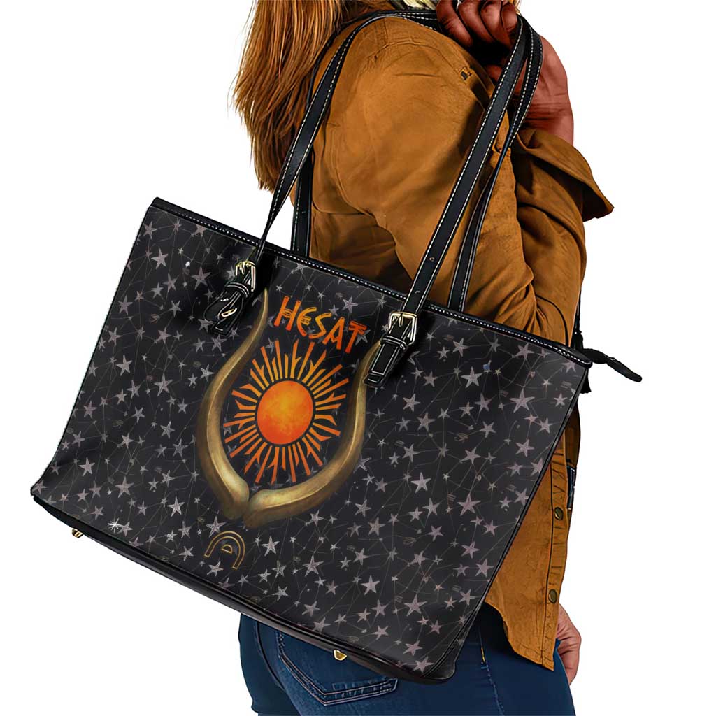 Hesat Solar Horn Symbol Leather Tote Bag Egyptian Cosmic Cow in Starry Milky Way