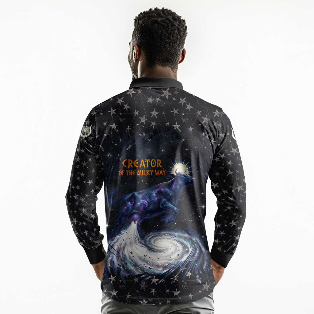 Hesat Solar Horn Symbol Long Sleeve Polo Shirt Egyptian Cosmic Cow in Starry Milky Way