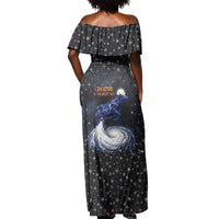 Hesat Solar Horn Symbol Off Shoulder Maxi Dress Egyptian Cosmic Cow in Starry Milky Way