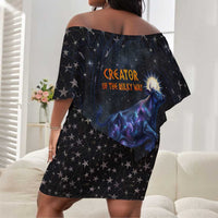 Hesat Solar Horn Symbol Off Shoulder Short Dress Egyptian Cosmic Cow in Starry Milky Way